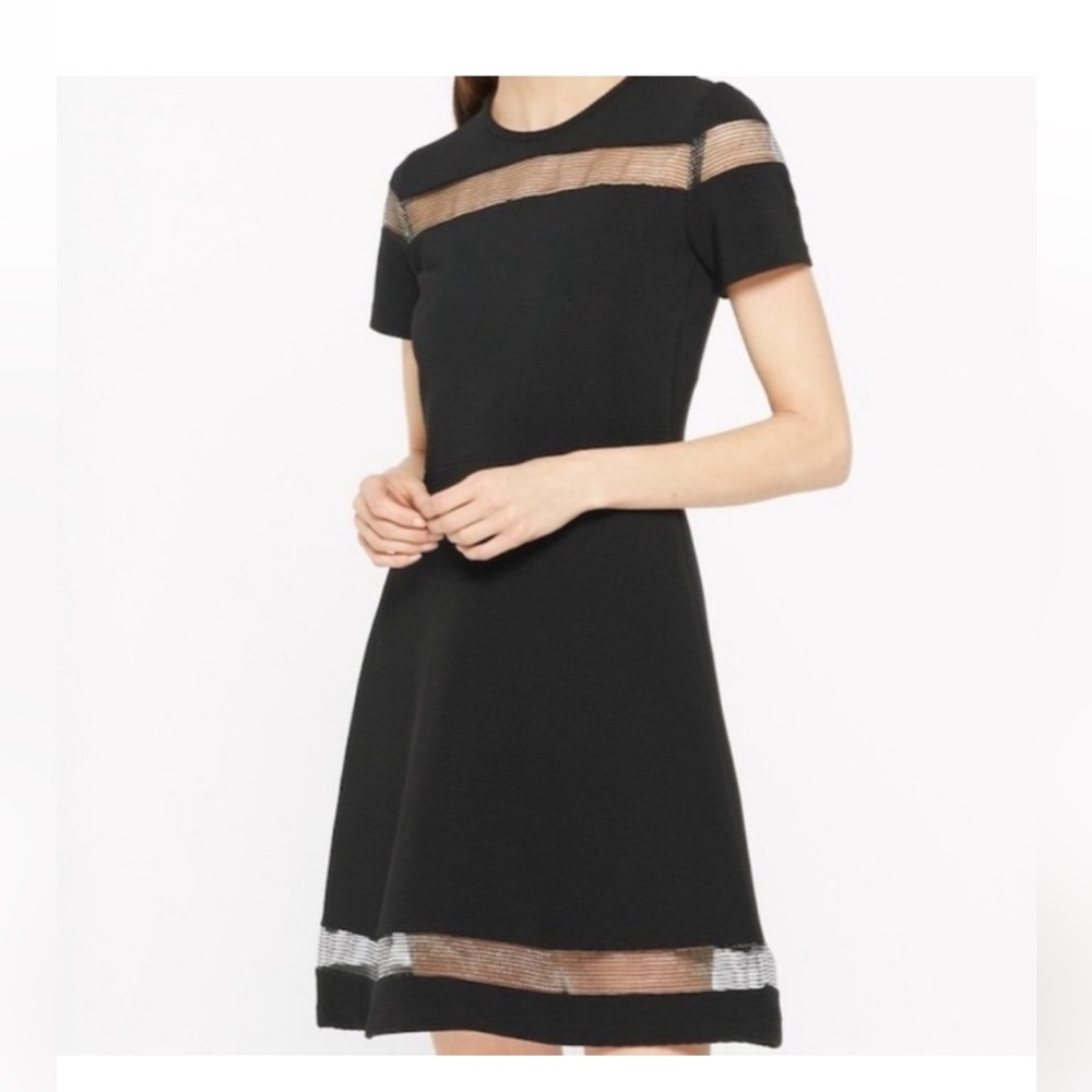 Sandro Paris mesh bands ribbed fit & flare black mini 2/4 short sleeve dress
